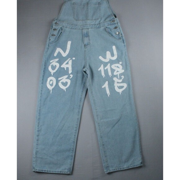 Manfinity Blue Denim Overalls White Lettering Mens XL Painted Graphic Light Wash - Picture 1 of 16